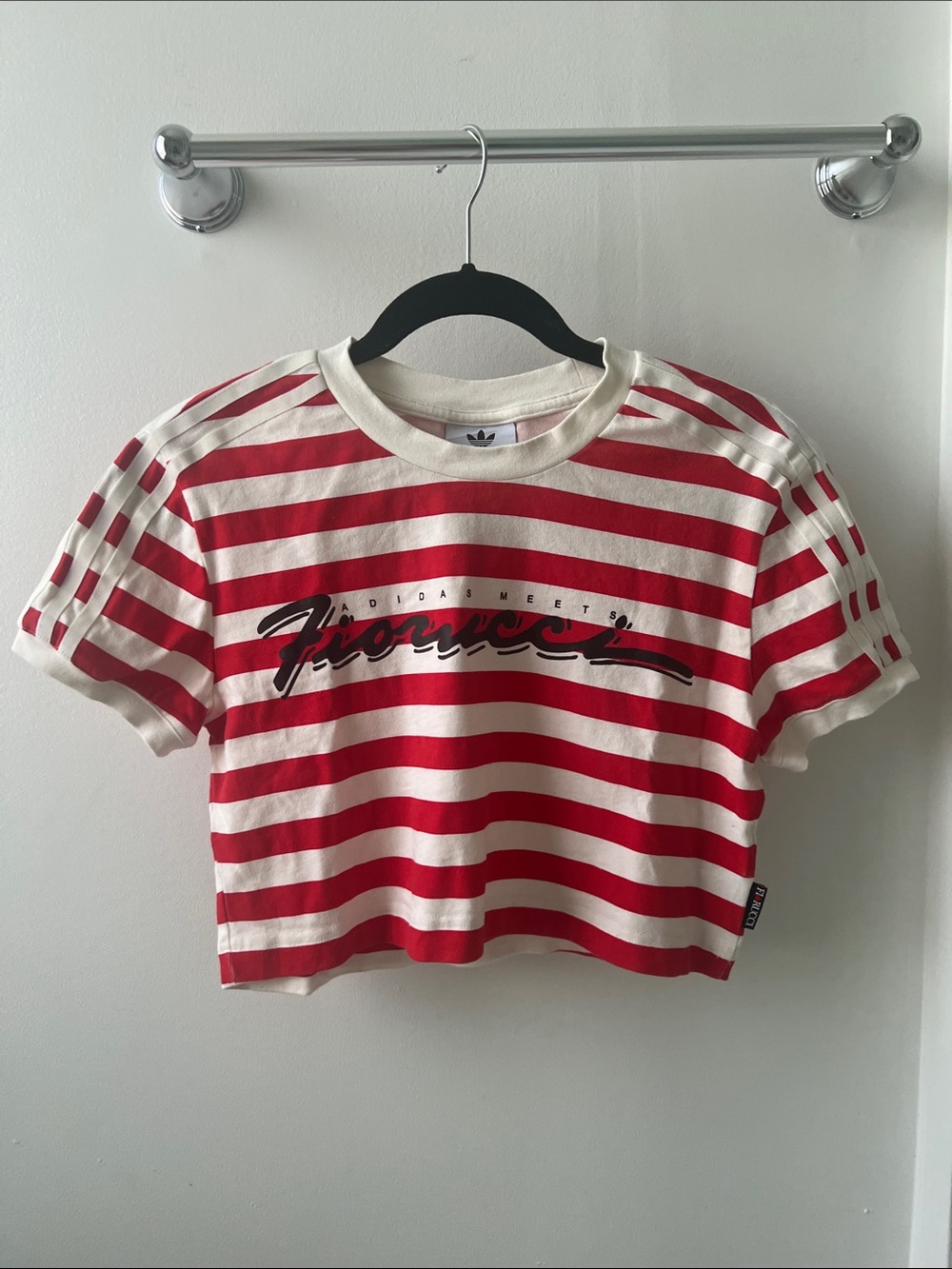 Adidas Fiorucci Colab - Rare 2019 Red & Cream Striped Crop Tee with Script Logo